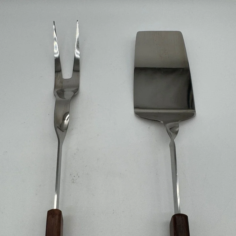 Vintage A.S. Stainless Japan BBQ Tool Set Long Wood Handle Spatula Fork 1960s